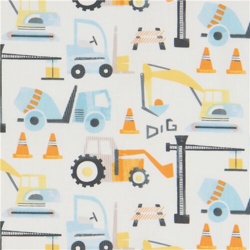 Tissu blanc avec des véhicules de construction Tissu
