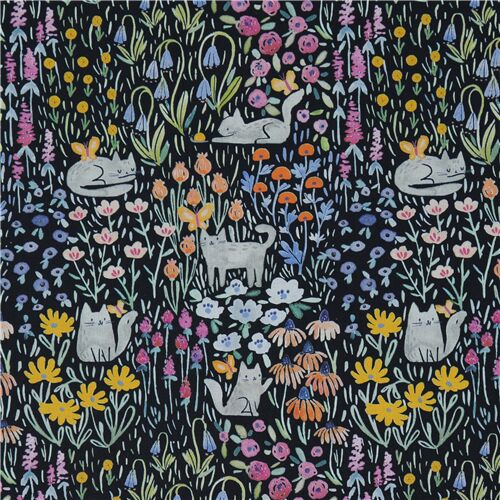 Tissu Dear Stella en coton chats gris et champs de fleurs multicolores Tissu