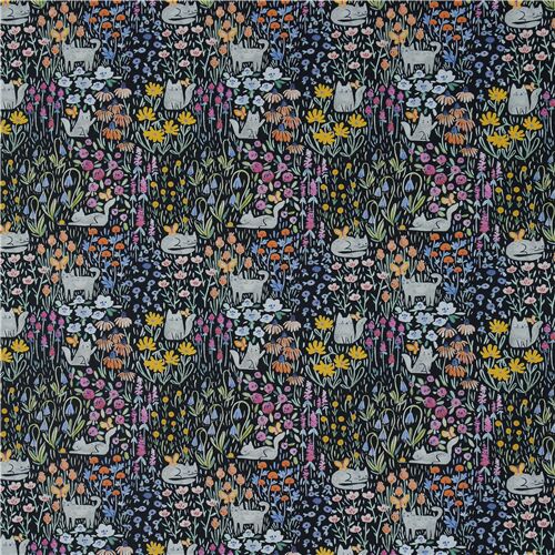 Dear Stella cotton fabric with grey cats and colourful flowers field ...