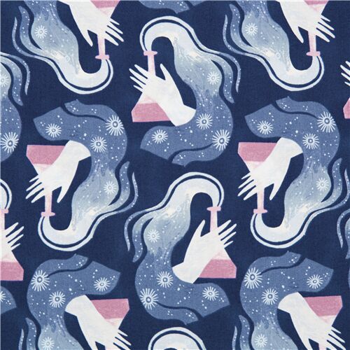 Tissu en coton bleu fonc illustration rpte mains et bchers Tissu