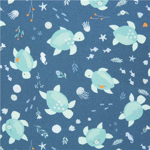 Dear Stella dark blue cotton fabric with teal turtles swimming in the ocean Fabric