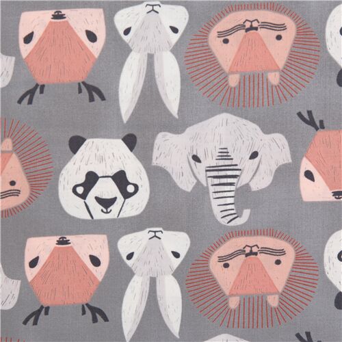 Tissu en flanelle grise des ttes de pandas, d'lphants et de lions Tissu