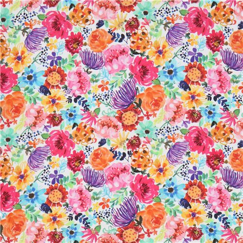 Dear Stella fabric in white with packed watercolor style flowers - modeS4u