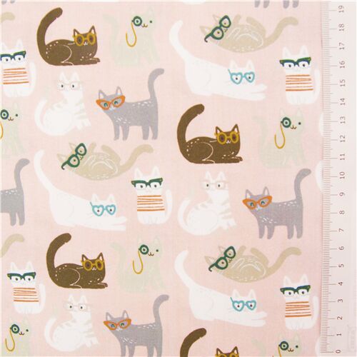 Dear Stella peach cotton fabric with various cats wearing monocles and ...