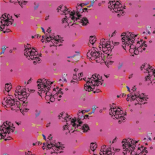 Tissu rose avec des fleurs et des oiseaux bleus et jaunes Tissu