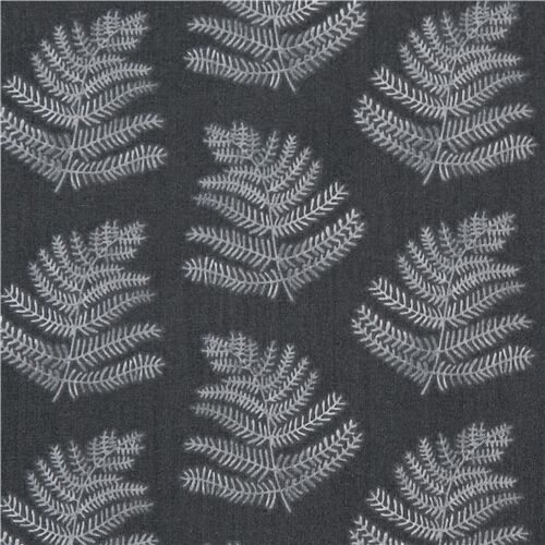 Tissu en coton gris avec des fougères blanches Tissu