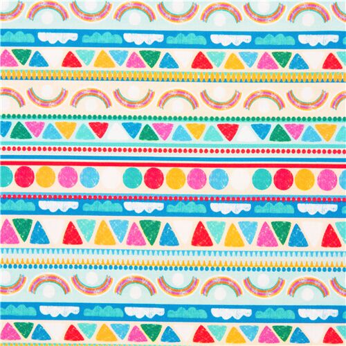 Tissu en coton Dino Mix Stripe triangles multicolores, nuages, arc-en-ciel Tissu