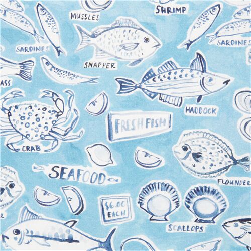 Illustrated Watercolour Fish Market Shellfish Fabric by Dear Stella -  modeS4u
