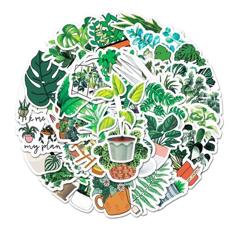 Paquete pegatinas troqueladas 50 modelos diferentes plantas hoja verde en maceta