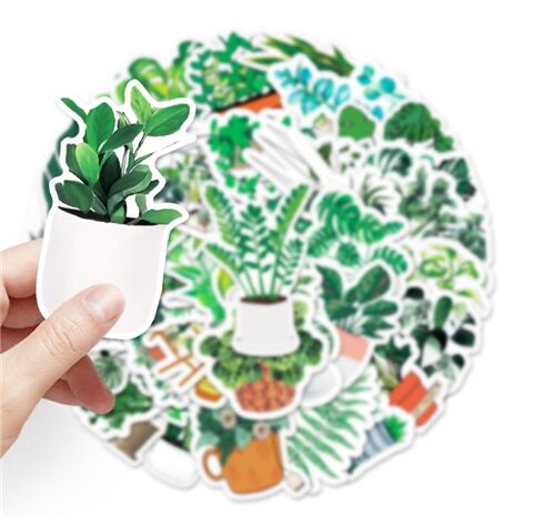Paquete pegatinas troqueladas 50 modelos diferentes plantas hoja verde en maceta 2