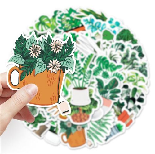 Paquete pegatinas troqueladas 50 modelos diferentes plantas hoja verde en maceta 3