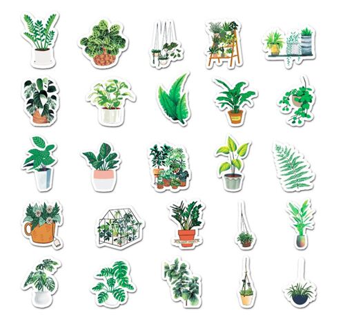 Paquete pegatinas troqueladas 50 modelos diferentes plantas hoja verde en maceta 6
