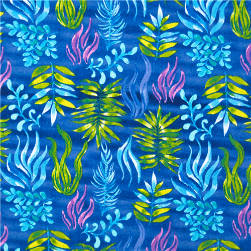 Tissu feuillage coton bleu USA frondes feuilles vert violet bleu aquarelle Tissu