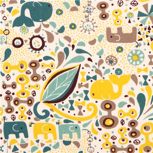 Frolic Boy whale elephant leaf birch organic fabric teal 1
