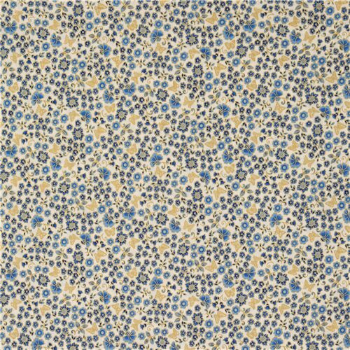 Golden Butterfly White Blue Flowers Fabric By Robert Kaufman - Modes4u