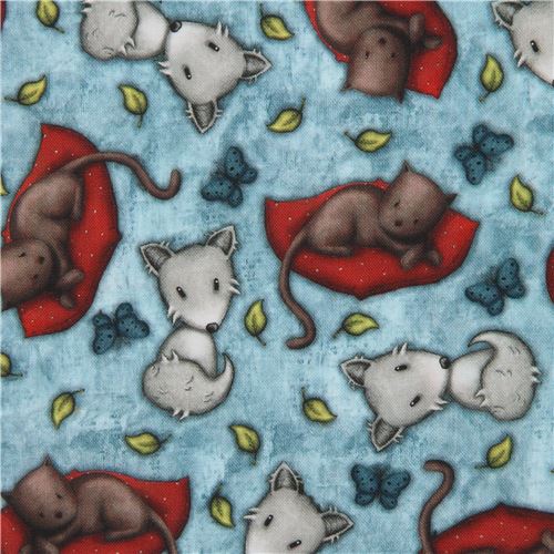 tessuto blu Gorjuss volpi gatti Quilting Treasures Tessuto