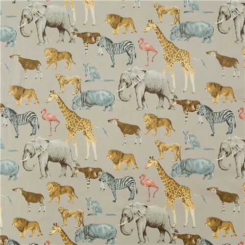 Gray taupe cotton twill safari animals Japanese fabric - modeS4u