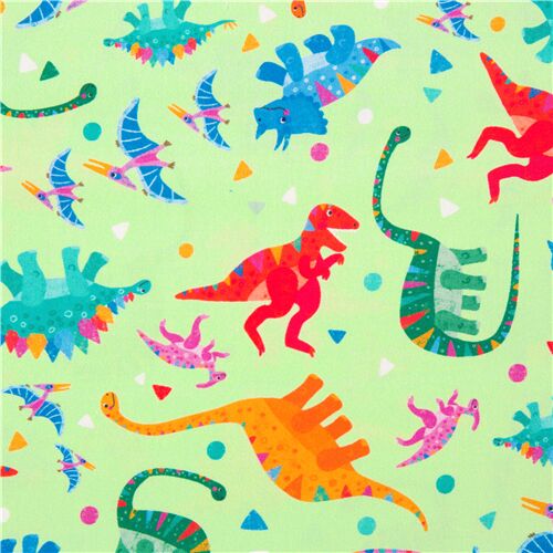 Rainbow Dinosaur Colorful Tossed Shapes Fabric
