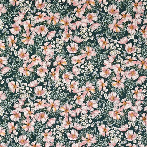 Robert Kaufman Green and Pink Vintage Cotton Fabric Nature's Notebook Summer Blue Floral Fabric Wildflower Cotton Fabric by the Yard