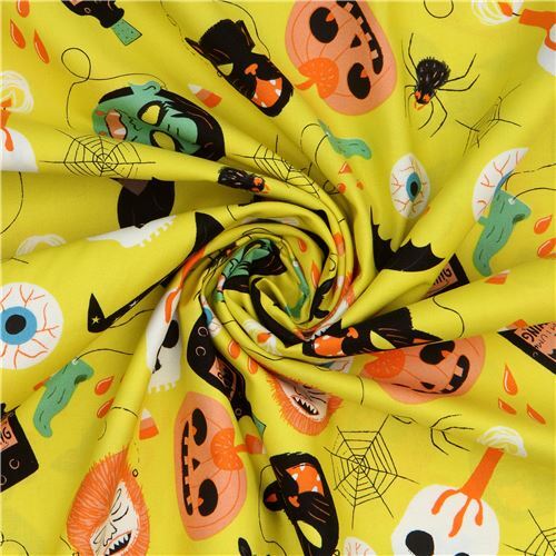 Remnant 50 X 112 Cm Halloween Fabric With Skulls And Cats By