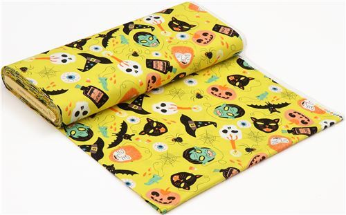 Remnant 50 X 112 Cm Halloween Fabric With Skulls And Cats By