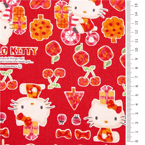 red with white Hello Kitty outline dark taupe bow laminate fabric Sanrio  Japan Fabric by Sanrio - modeS4u