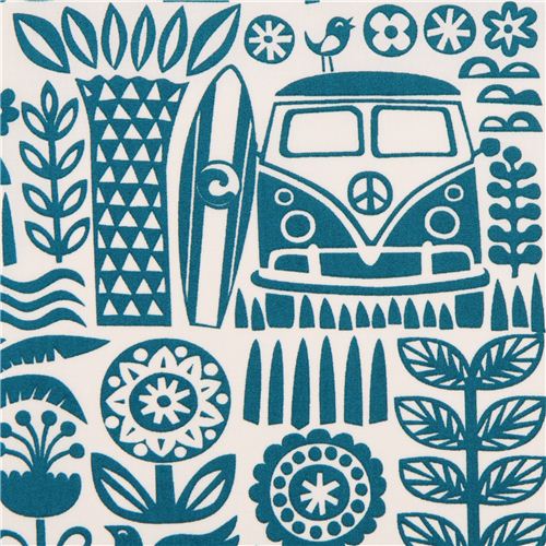 Ipanema teal palm tree bus surfing organic fabric by birch 1