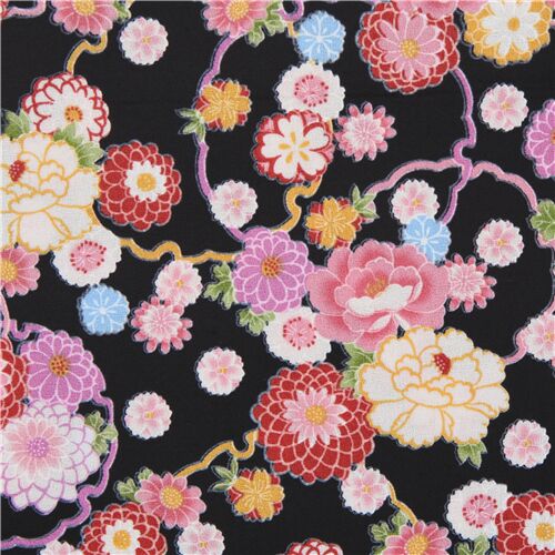 Tela Asia Japón negra flor crisantemo peonía sakura colores - modesS4u