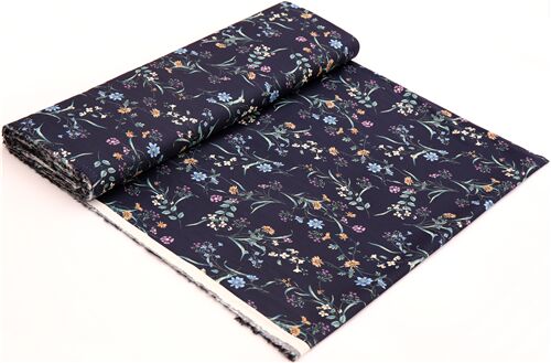 Japan cotton lawn navy blue fabric tossed colorful flowers - modeS4u