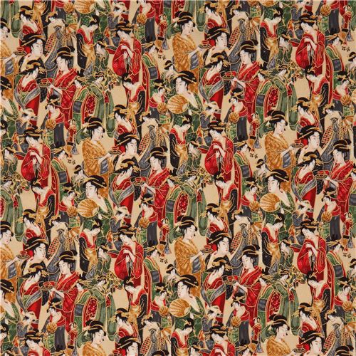 Japan lady colorful red grey outfit gold metallic fabric Robert Kaufman