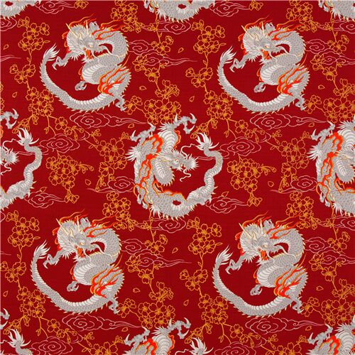 Japan Red Fabric With Dragon Flowers Sakura Gold Metallic Accents Dobby 