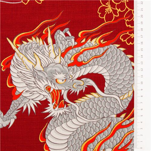 Japan red fabric with dragon flowers sakura gold metallic accents dobby ...
