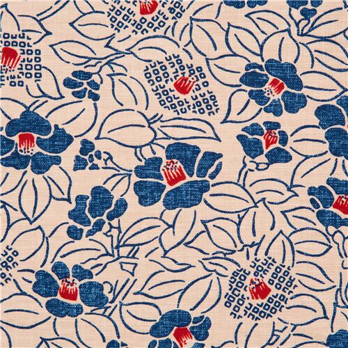 Resto de (50 x 110 cm) - Tecido de algodão largo do Japão com florais de  camélia tsubaki em azul e v - modeS4u