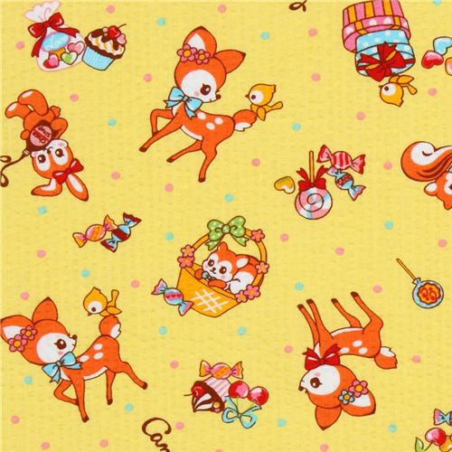 Japanese Cosmo fabric deer squirrel bunny yellow 1