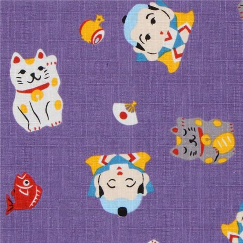 Japanese Cosmo fabric lucky cat Maneki Neko purple 1