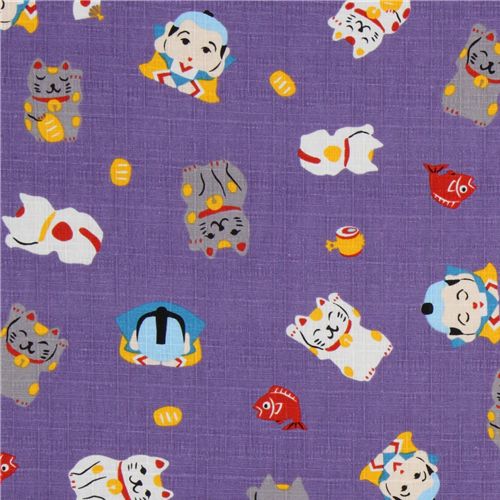 Japanese Cosmo fabric lucky cat Maneki Neko purple 2
