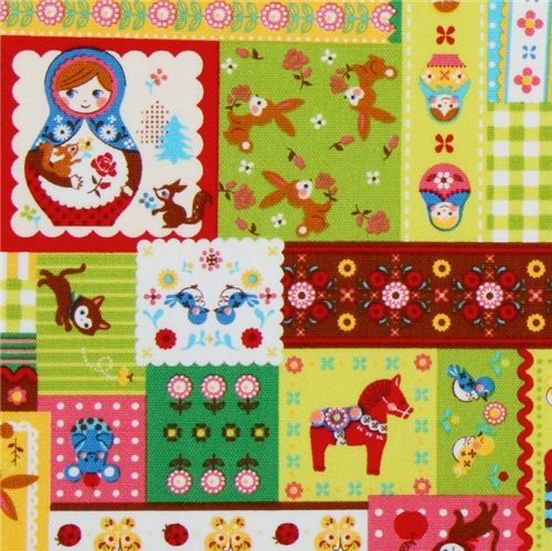 Japanese Cosmo fabric matryoshka kawaii animals green 1