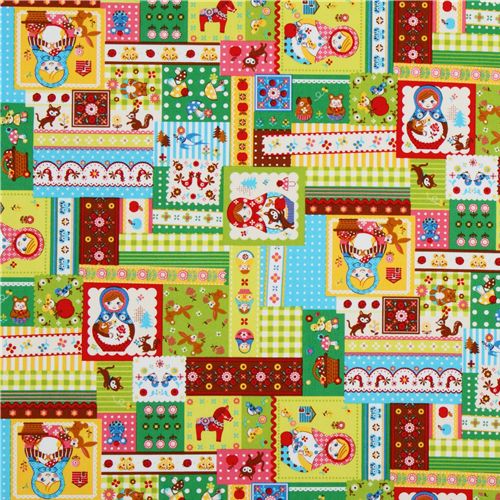 Japanese Cosmo fabric matryoshka kawaii animals green 2