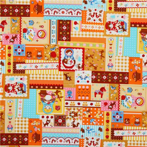 Japanese Cosmo fabric matryoshka kawaii animals orange 2