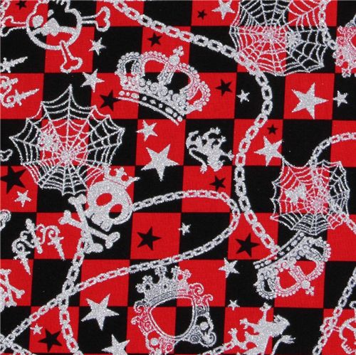 japanischer Cosmo rot karierter Stoff Glitzer Totenkopf 1