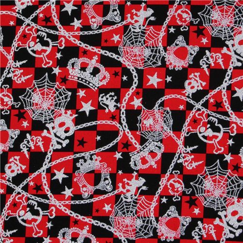 japanischer Cosmo rot karierter Stoff Glitzer Totenkopf 2