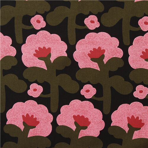 black canvas fabric Japan white green flowers round bloom heads Fabric by  Japanese Indie - modeS4u