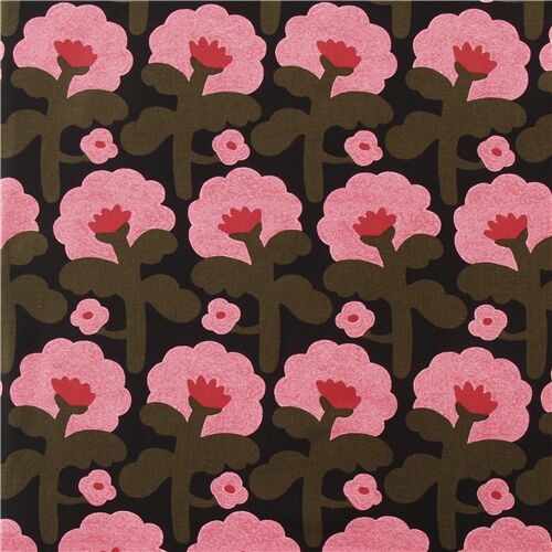 Japanese Black Canvas Fabric With Rows Of Pink Poppy Flowers Modes4u 