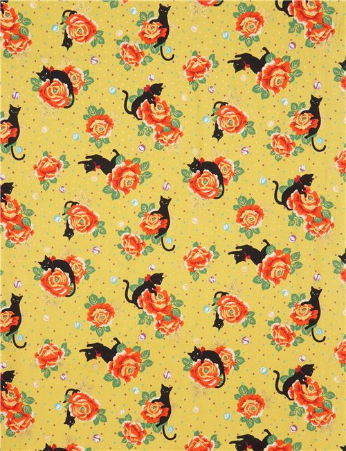 Remnant 29 cm - Japanese chartreuse cat fabric by Quilt Gate 2