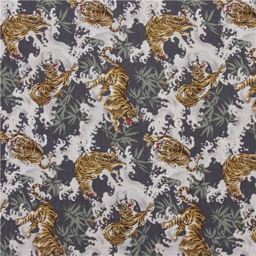 Japanese dobby grey fabric with plants and tigers in tropical jungle ...