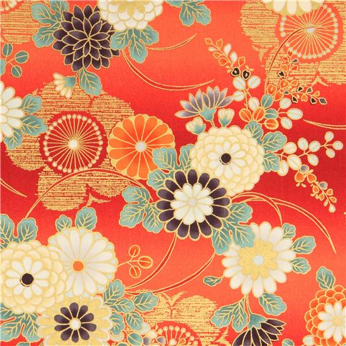 Japanese flower fabric by Quilt Gate in red and orange - modeS4u Kawaii ...