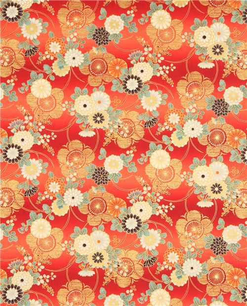 Japanese flower fabric by Quilt Gate in red and orange modeS4u Kawaii