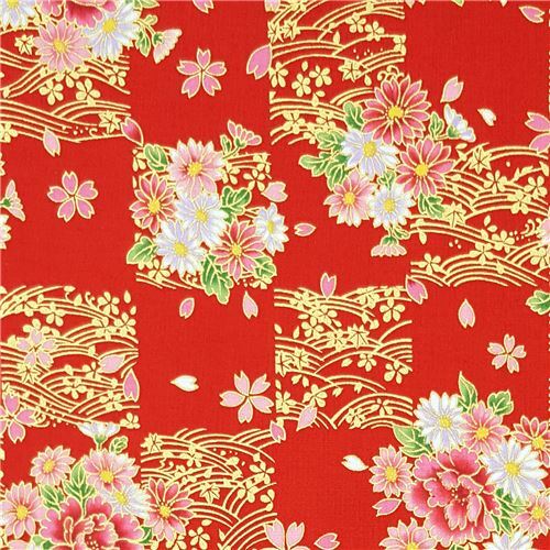 Japanese metallic gold checkered peony and daisy fabric in red by Kokka ...