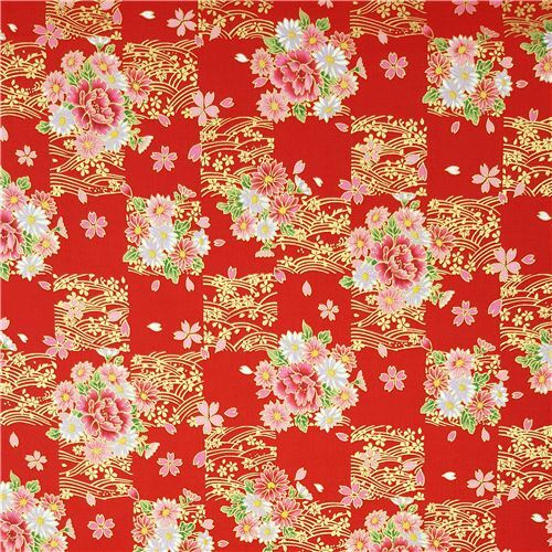 Japanese metallic gold checkered peony and daisy fabric in red by Kokka ...