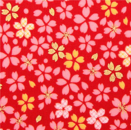 Japanese red cherry blossom flower fabric par Kokka 1